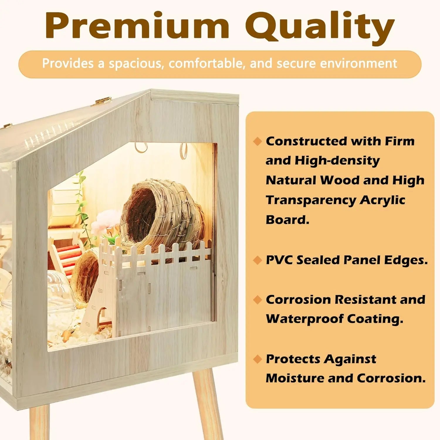 Spacious Hamster Cage with Legs, Chew-Proof Wooden Habitat, 40" L x 20" W x 47.6" H