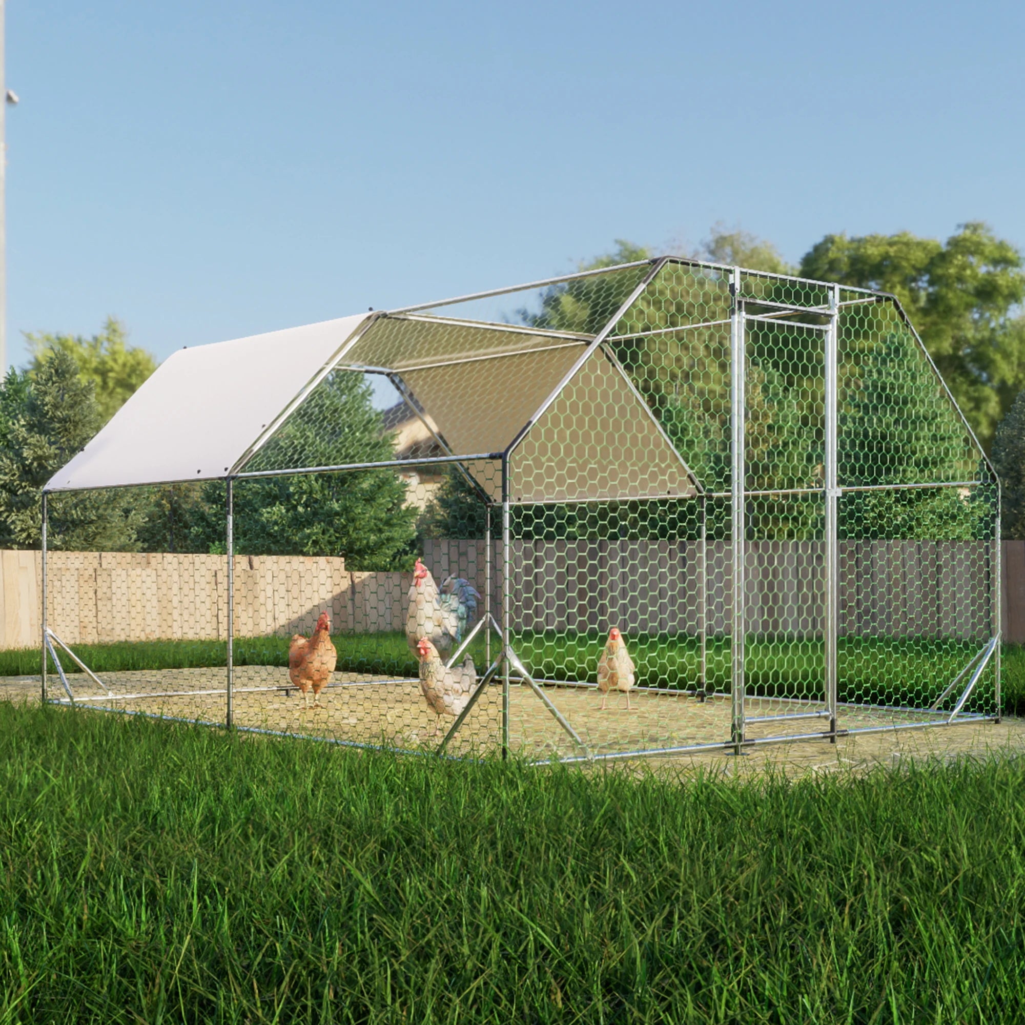 Large Metal Chicken Coop Chicken Run With Waterproof Cover Outdoor Walk-in Poultry Enclosure Pen For Yard Farm