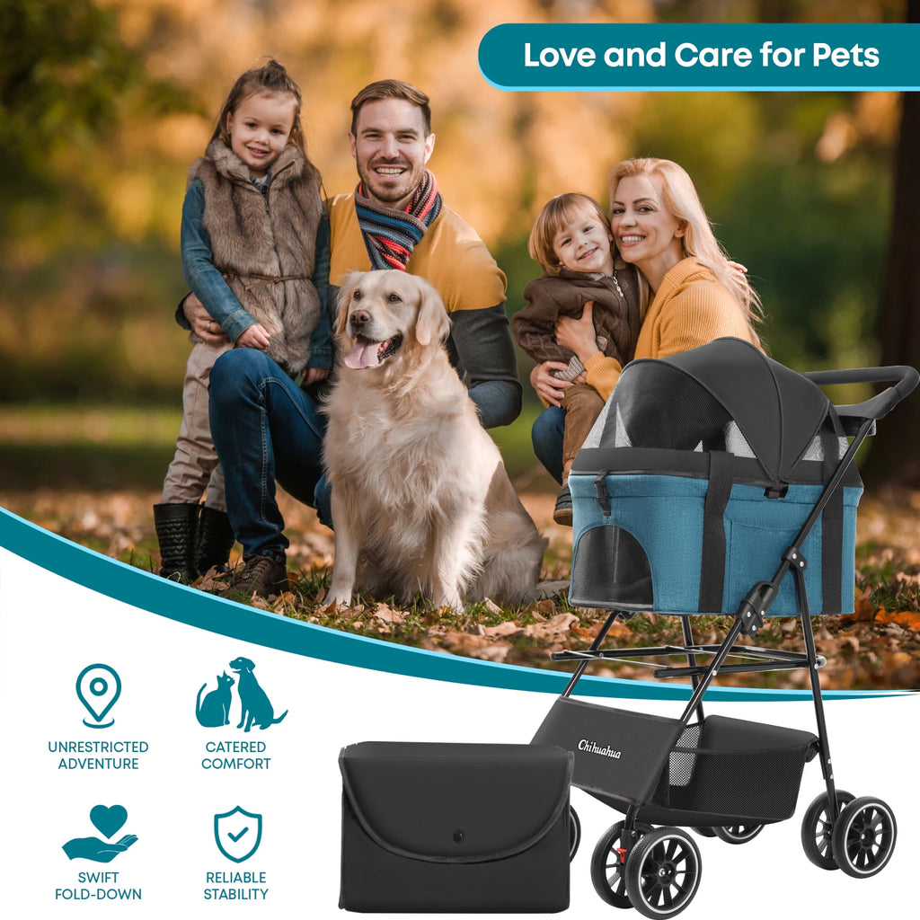 Canopy 4 Wheels Pet Strolling Cart for Small/Medium Dogs and Cats with Removable Carrier