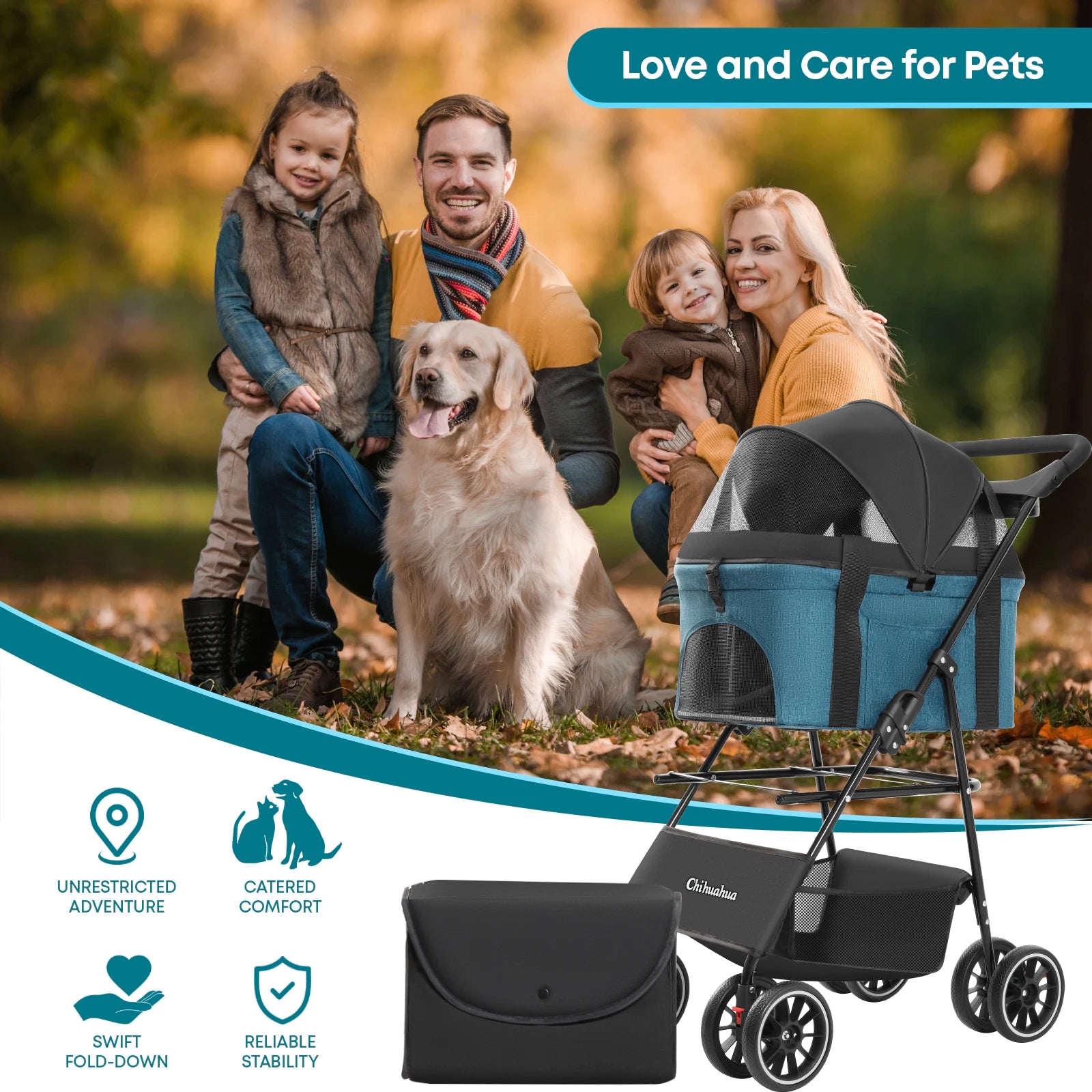 Canopy 4 Wheels Pet Strolling Cart for Small/Medium Dogs and Cats with Removable Carrier