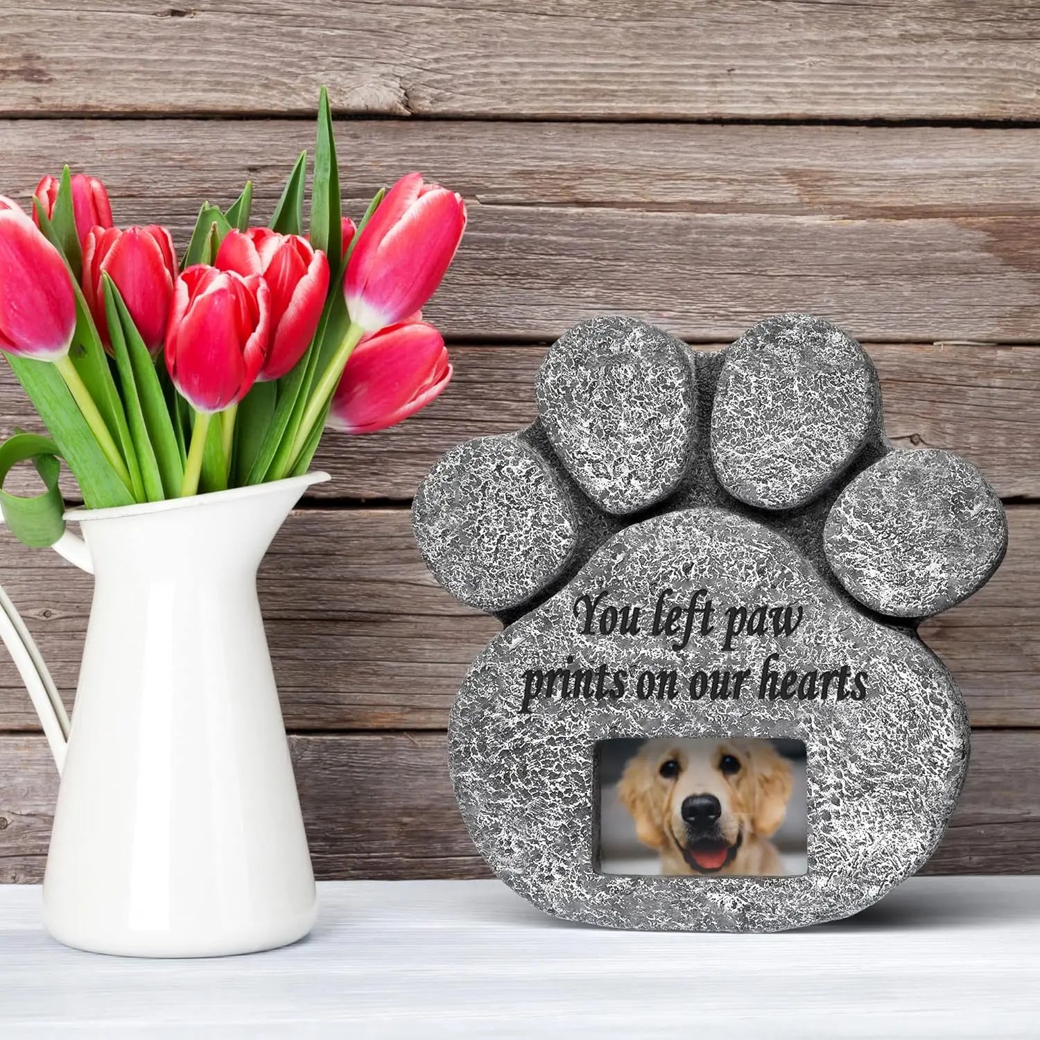 You Left Paw Prints On Our Hearts' Memorial Stone, Grave Marker with  Photo Frame Slot