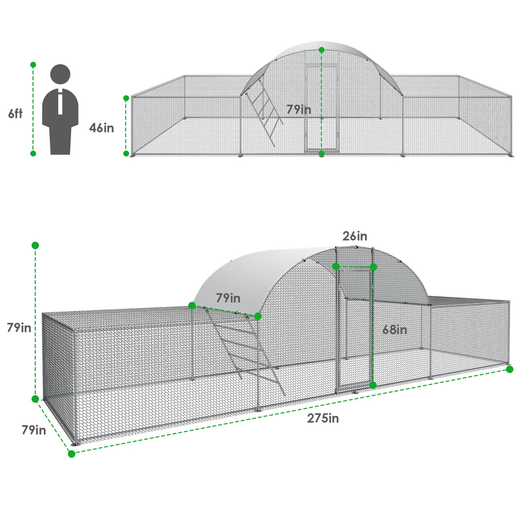 23ft Metal Chicken Coop 3-Room Dome-Roof Poultry Pen Large  Enclosure Walk-in Galvanized