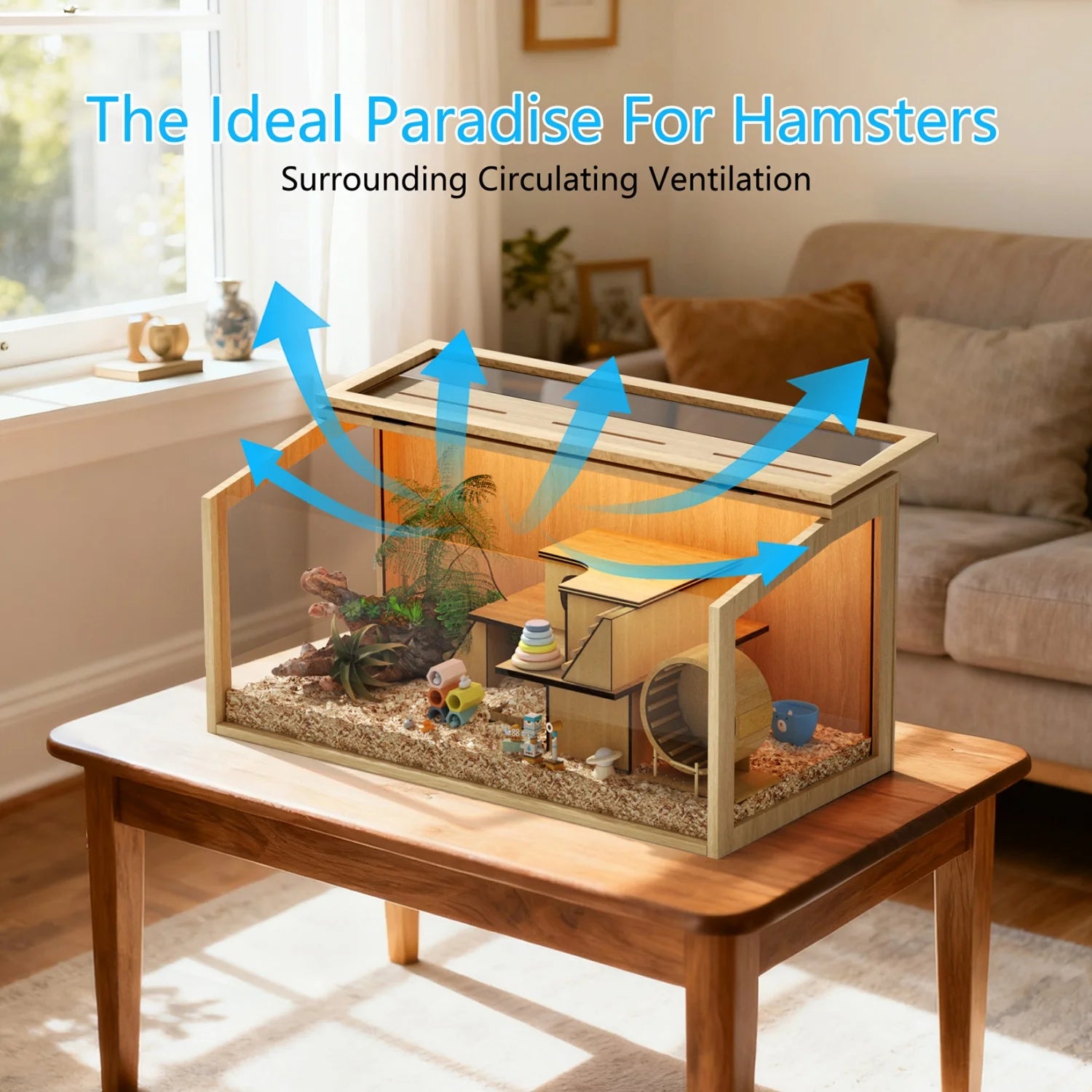 60/80CM Hamster Cage Chewproof Wooden Guinea Pig Cages Habitat House Tempered Glass Panels Built-in LED Light