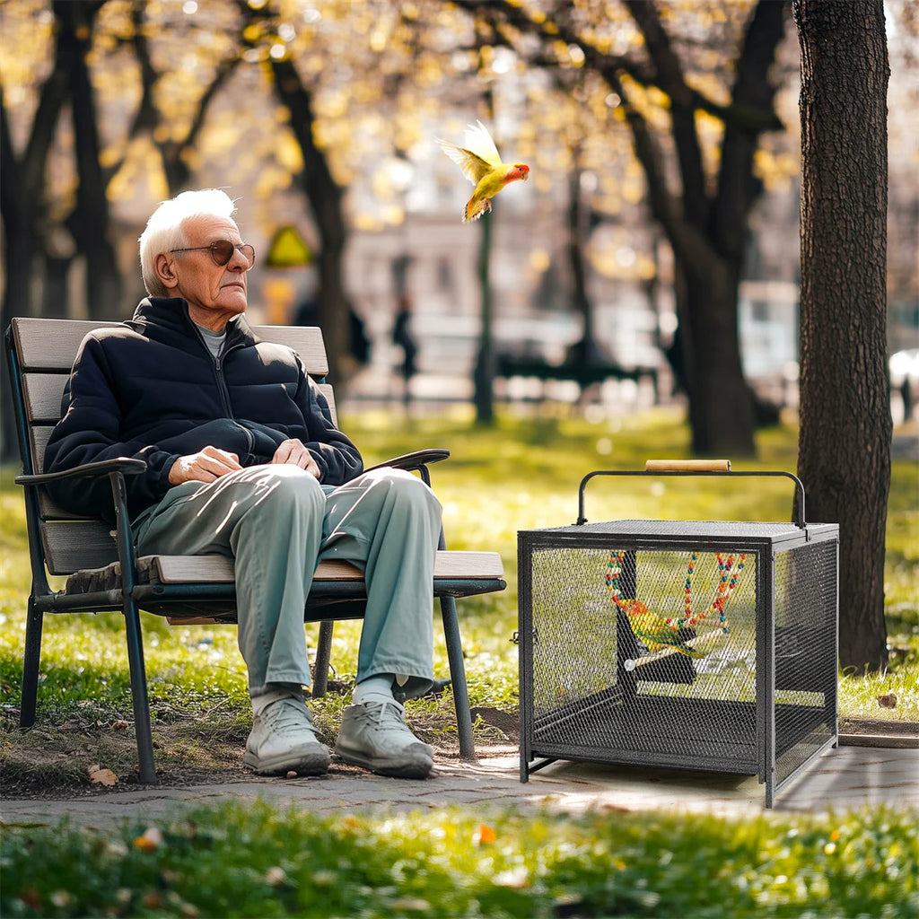 Portable Bird Cage Travel Carrier Cage Playpen with Hammock Toy Removable Tray