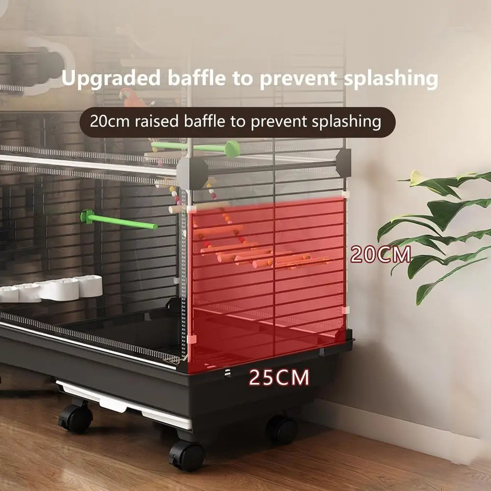 Large Parrot Cage with Acrylic Doors, 3-Tier Movable Birdcage Parakeet Cage w/Wheels, 360° View Spacious Interactive Bird House,