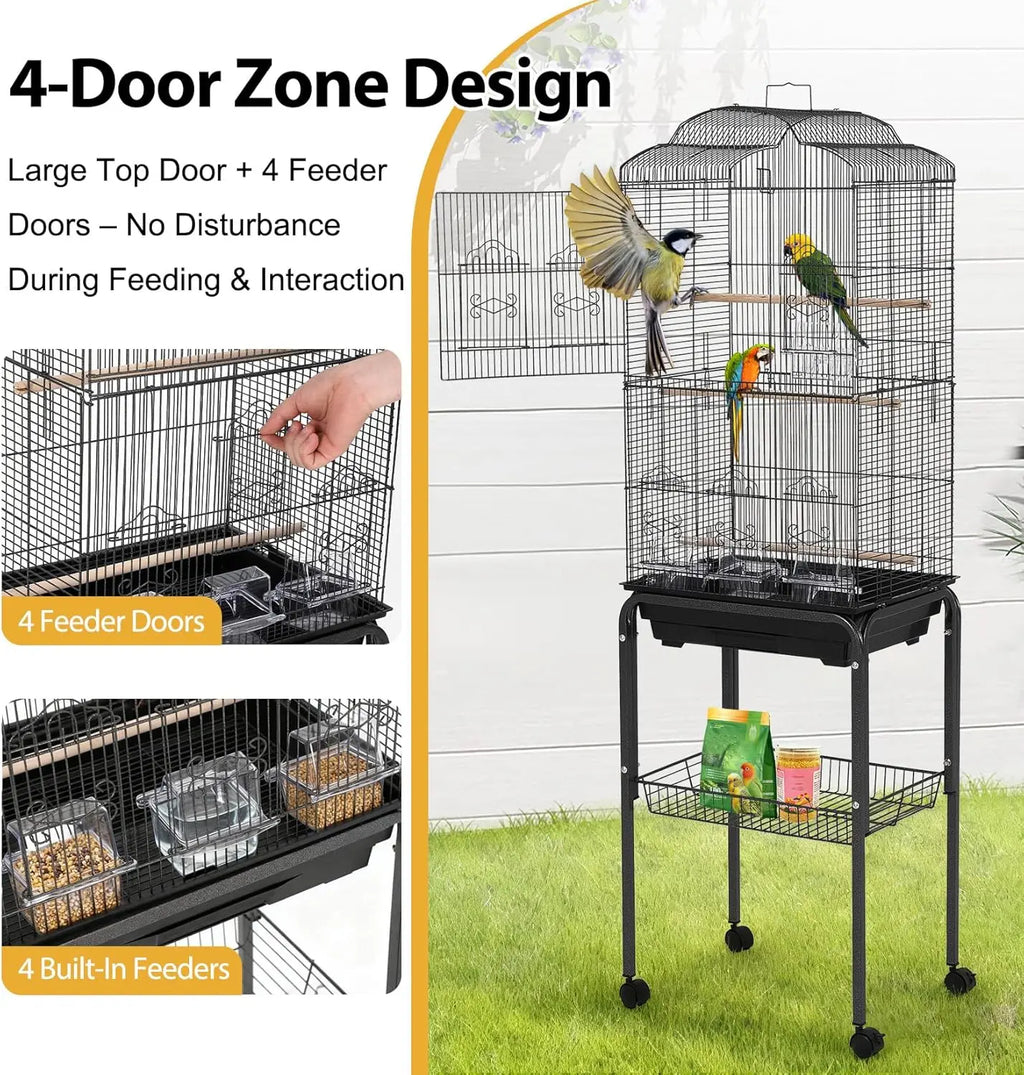 All-in-One Multi-Level Parrot Habitat – 60" Cage on Mobile Stand with Storage, Easy-Clean Tray & Multiple Feeder Doors