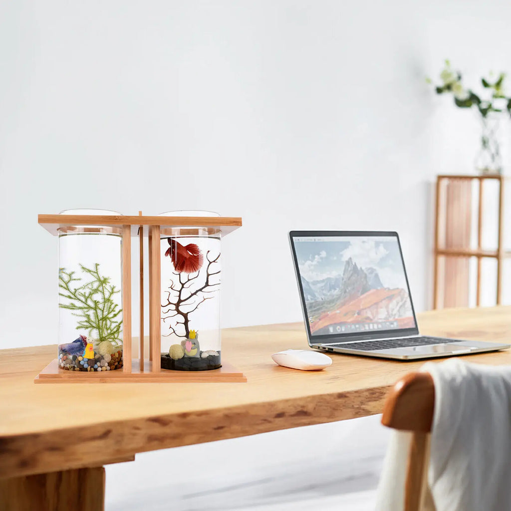 Glass Betta Fish Tank with LED Light Bamboo Base Mini Aquarium Set for Desktop Home Office Decoration 2 Tanks