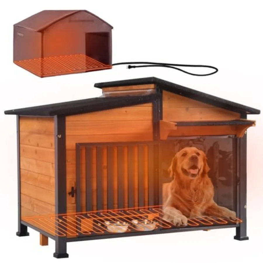 Heated Dog House with Heavy-Duty Iron Frame Insulated Liner for Winter Weatherproof