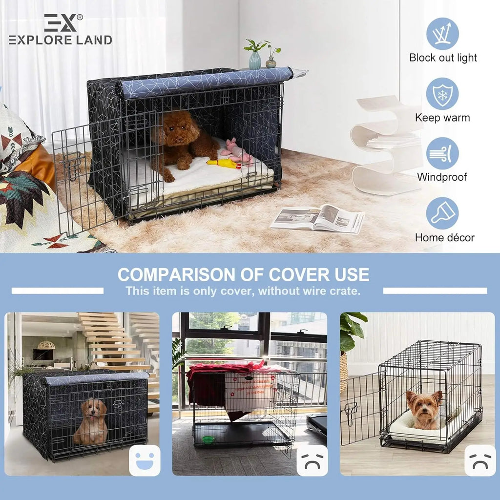 Explore Land Pattern Dog Crate Cover for 24" Wire Cage, Heavy-Duty Polyester with 1-3 Doors for Standard Metal Pet Kennel