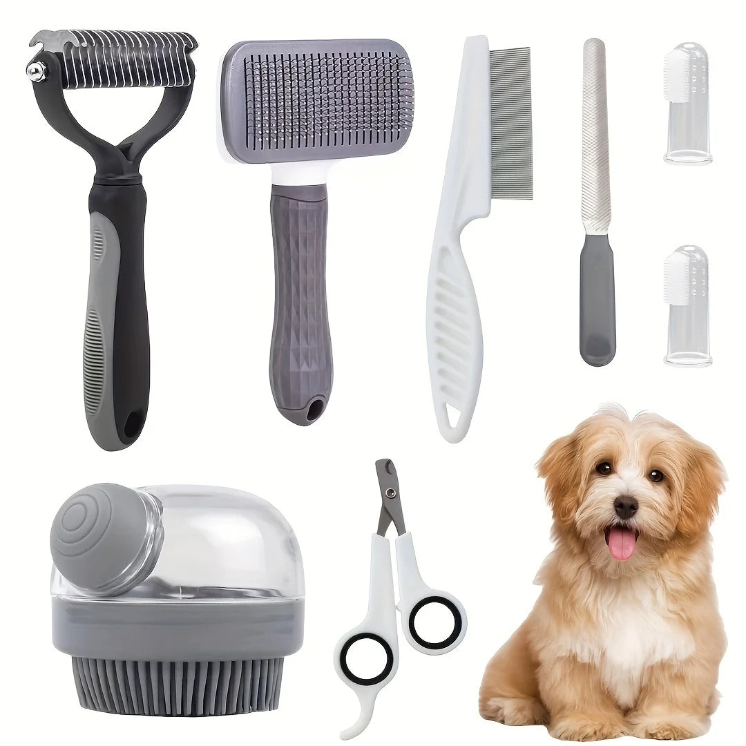 8pcs/set Dog Grooming Kit, Self-cleaning Pet Grooming Set with Nail Clippers And File, Flea Comb, Shampoo Bath Brush