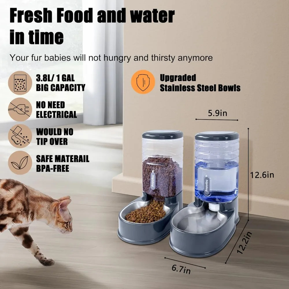 Automatic Pet Feeder and Water Dispenser Set with Stainless Steel Bowls, 3.8L Capacity