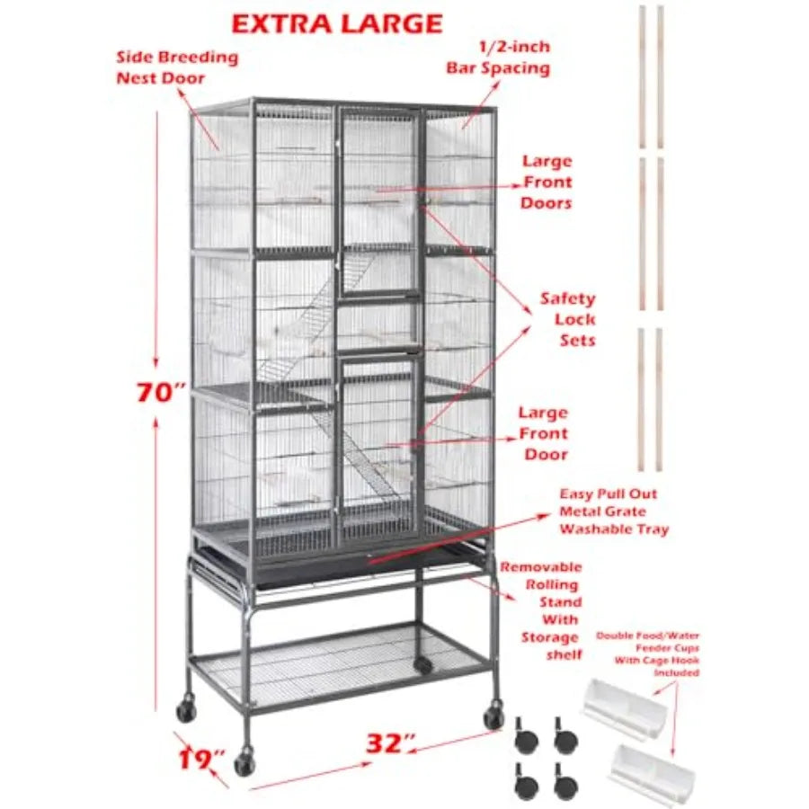 70 Extra Large Bird Parrot Flight Cage with Side Breeding Nest Box Double Feeder Cups Easy Pull-Out Metal Grate Washable Tray