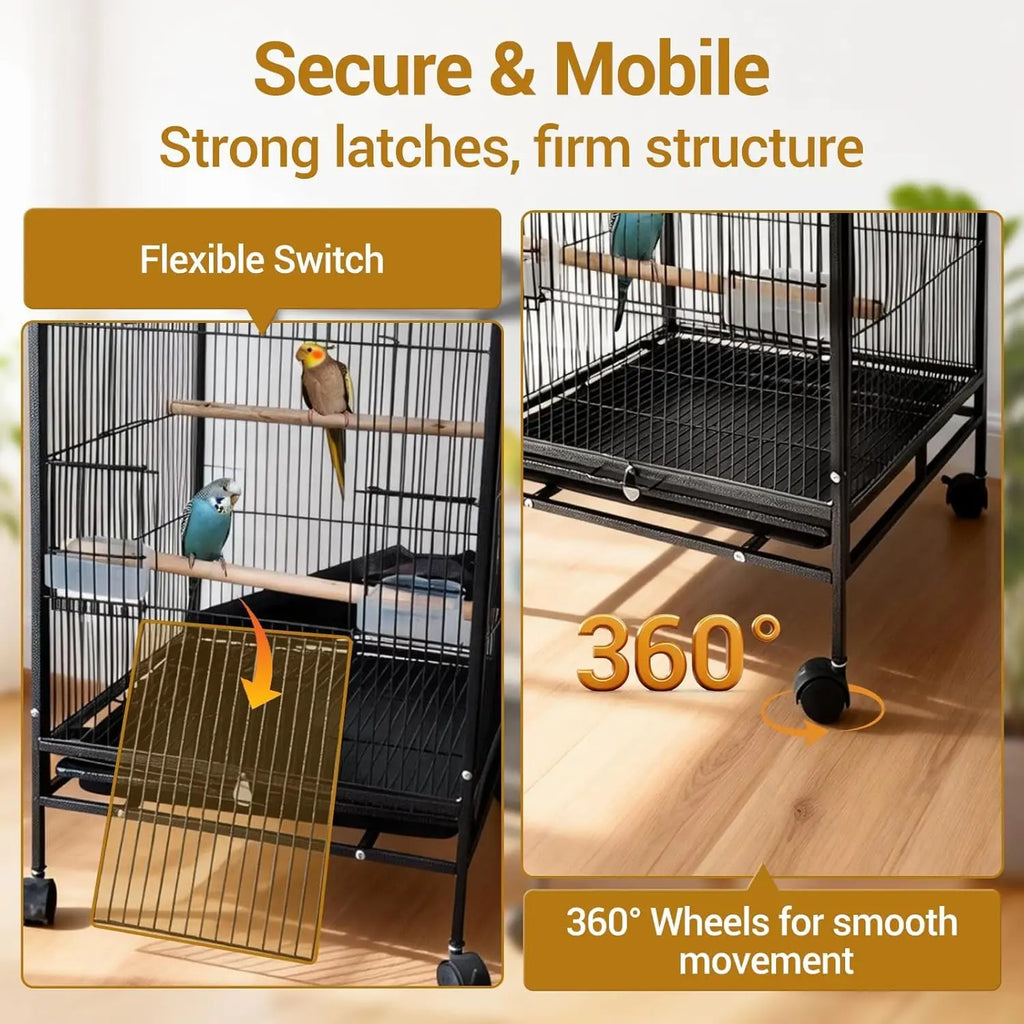 Indoor Outdoor Bird Flight Cage on Wheels Rolling Stand Tall Parrot Cage with Slide Out Tray Perches & Feeders