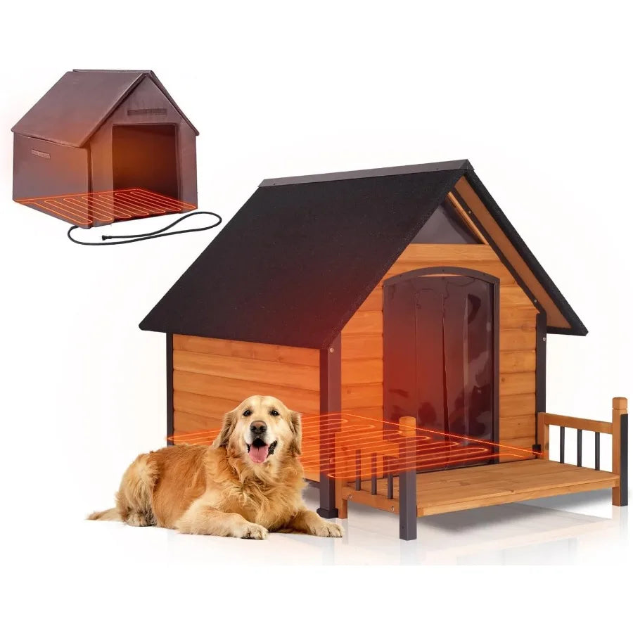 Heated Dog House Outdoor with Heating Pad Weatherproof Large Dog Kennel with Anti-Chewing Iron Frame