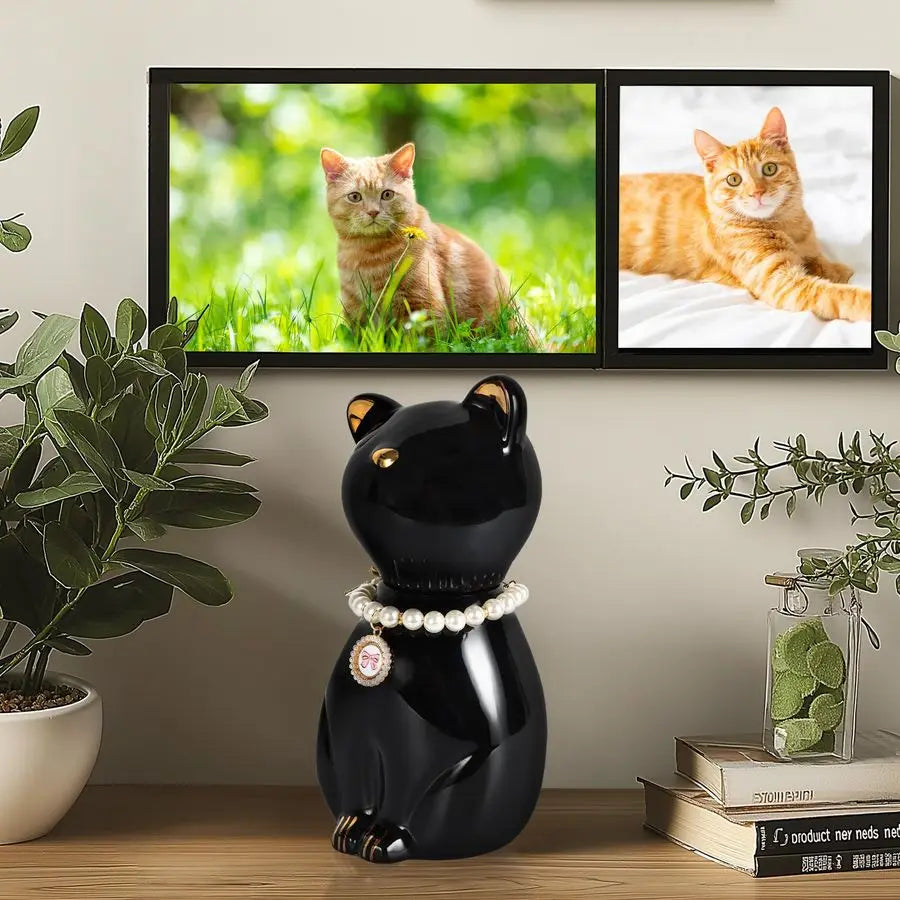 Cat Urns for Ashes, Elegant Ceramics Pets Cremation Keepsake, Funerary Urns Black