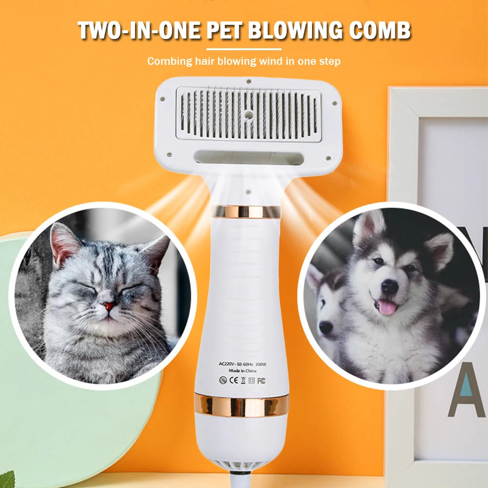 2 in 1 Dog Hair Dryer Comb Portable Pet Blow Dryer Comb Adjustable Temperature Cat Grooming Brush