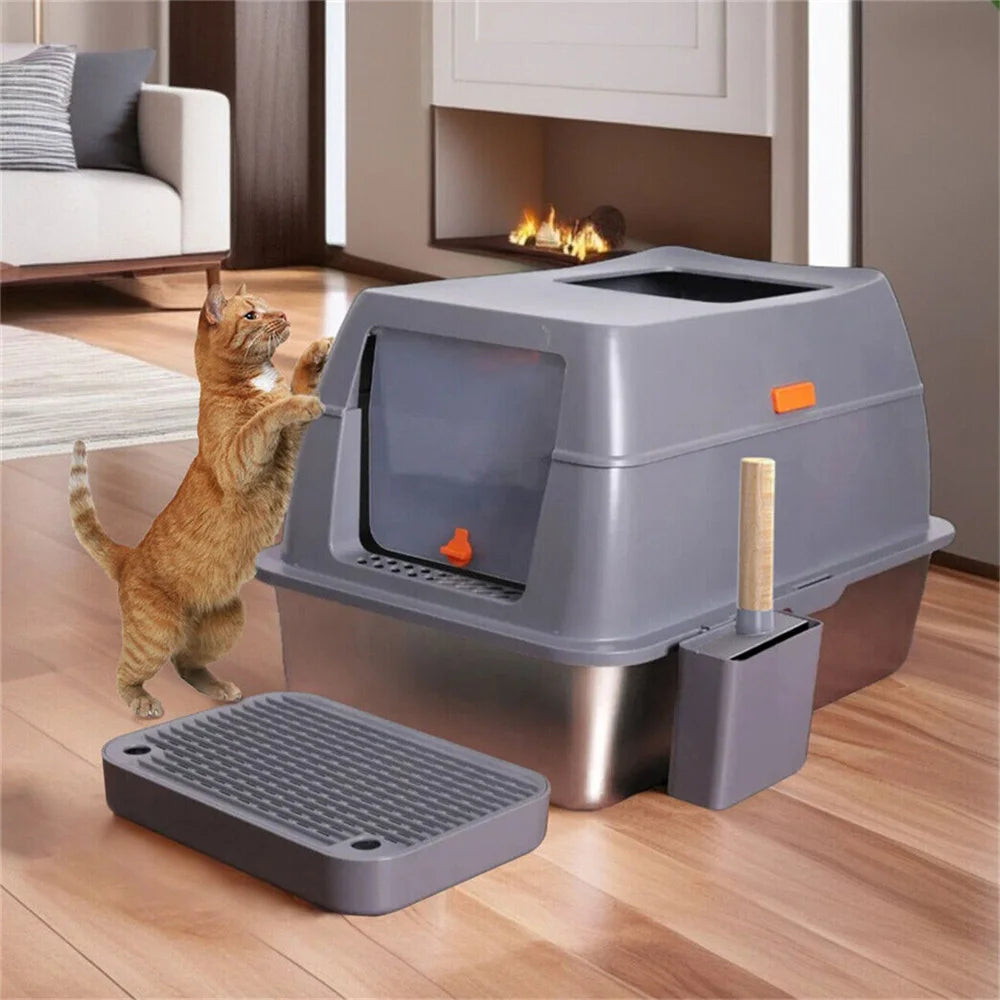 XXL Stainless Steel Cat Litter Box Enclosed Puppy Cat Litter Tray with Lid Large Litter