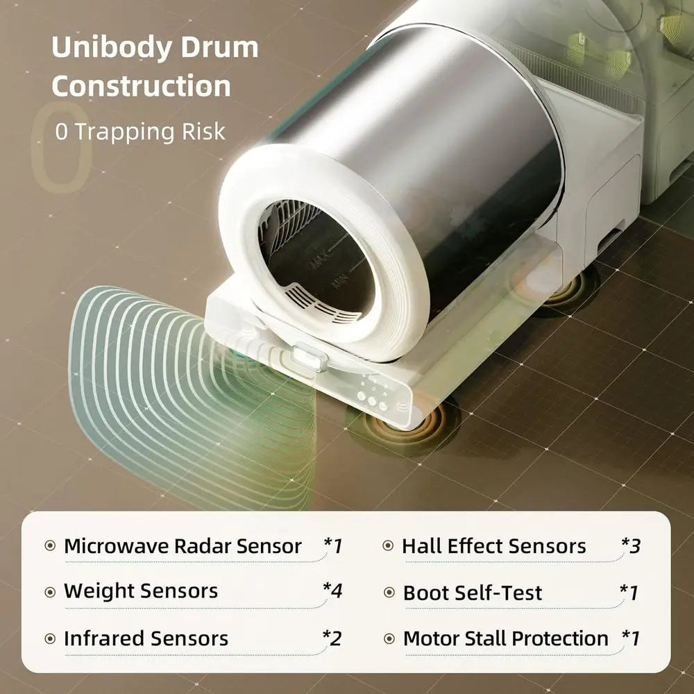 Stainless Steel Cat Litter Box with Automatic Cleaning, App-Controlled, Low Entry, Safety Sensors, Mat & Bags