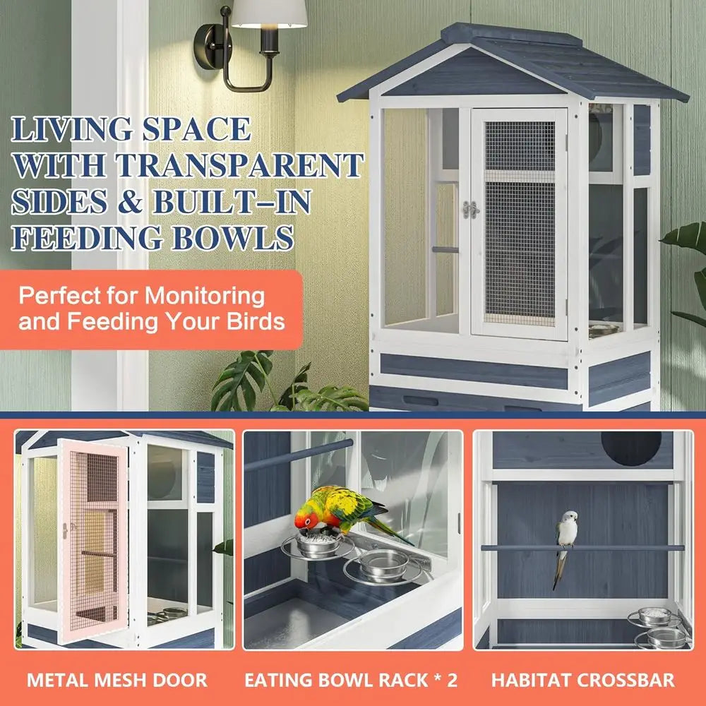 Large Outdoor Aviary Bird Cage with Stand for Parrots, Parakeets - Tall Big Flight Cage with Pull-Out Tray,