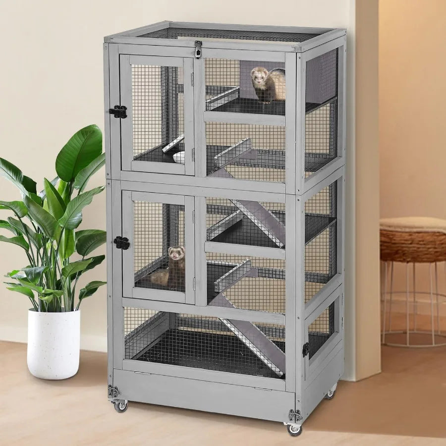 Large Ferret Cage with 5 Levels Wooden Chinchilla Cage with Wheels Multi-Level with Ramp Hideout Pull-Out Tr