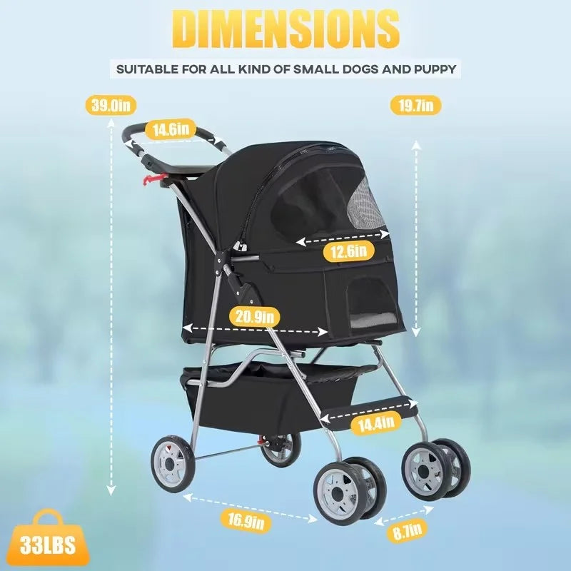 4 Wheel Stroller, Folding Carrier Waterproof Puppy Removable Liner for Small Medium Dogs Cats