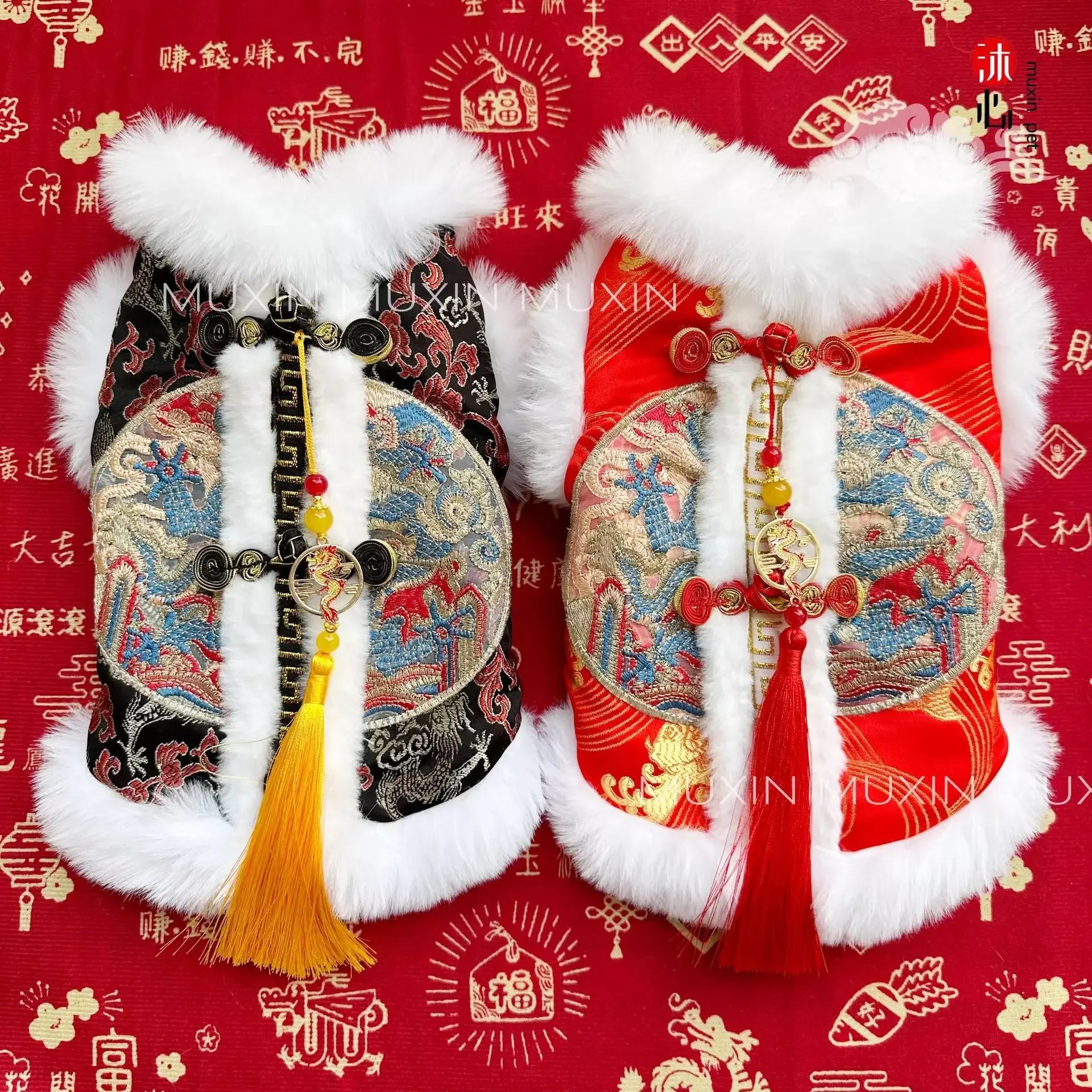 Pet Clothing Dog Cat Winter Puppy Clothes New Year Pet Cotton Coat Thickened Warm Embroidered Outfit