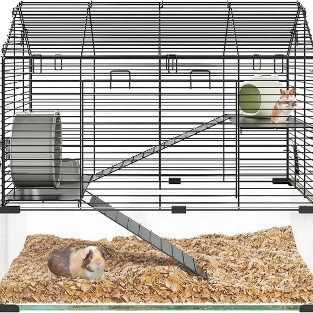 3 Tiers Large Hamster Enclosure, Metal Enclosure + Glass Gerbil Cages, Small Animal Cages for Guinea Pigs Chinchilla