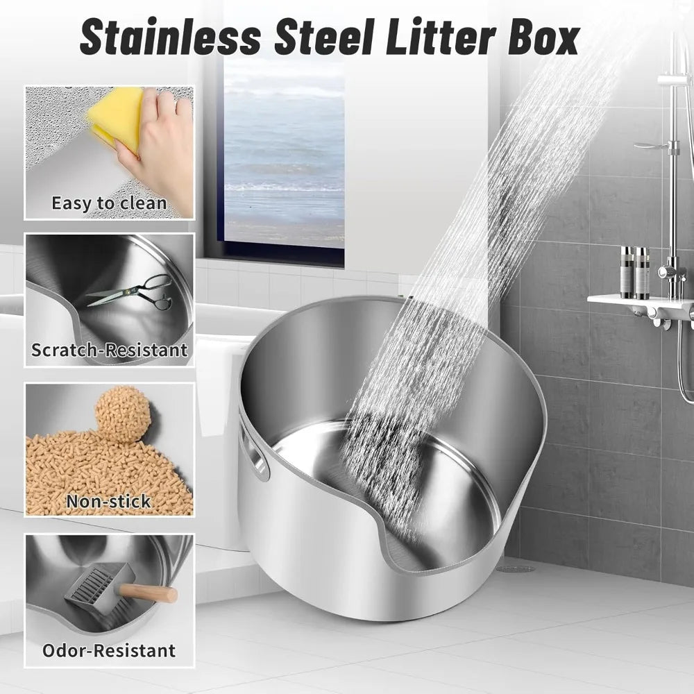 High-Sided Stainless Steel Cat Litter Box with Scoop, Filter Pedal, and Litter Mat for Easy Clean-Up