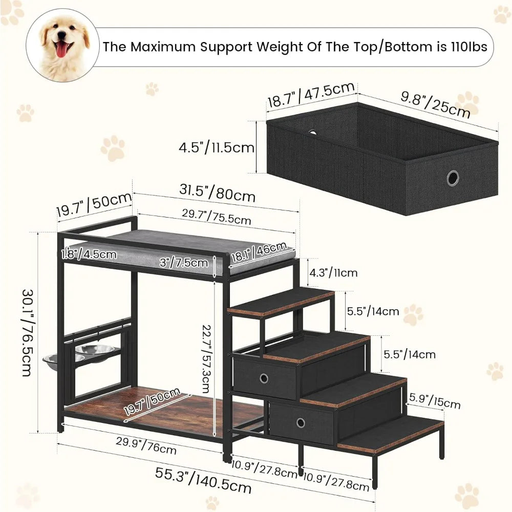 360° rotating & adjustable pet feeder perch, staircase bunk bed with storage drawers, elevated dog bed platform