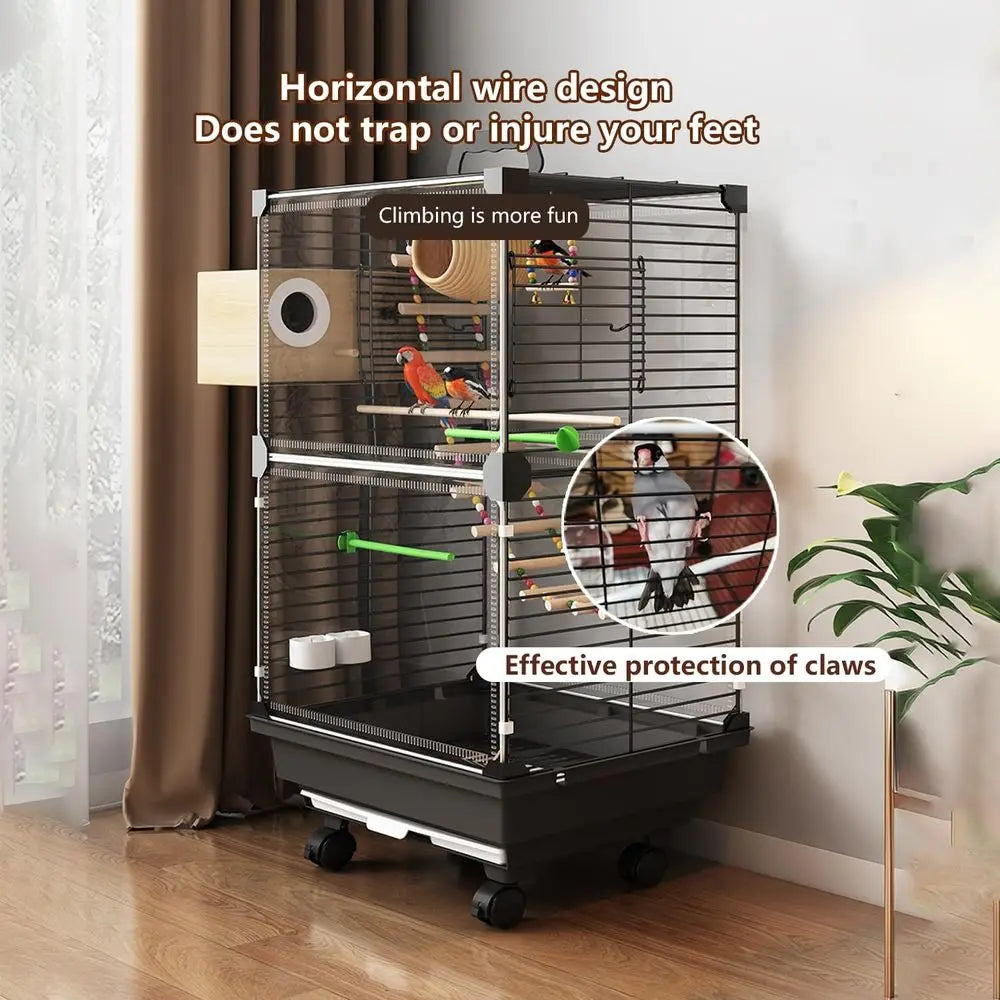 Large Parrot Cage with Acrylic Doors, 3-Tier Movable Birdcage Parakeet Cage w/Wheels, 360° View Spacious Interactive Bird House,