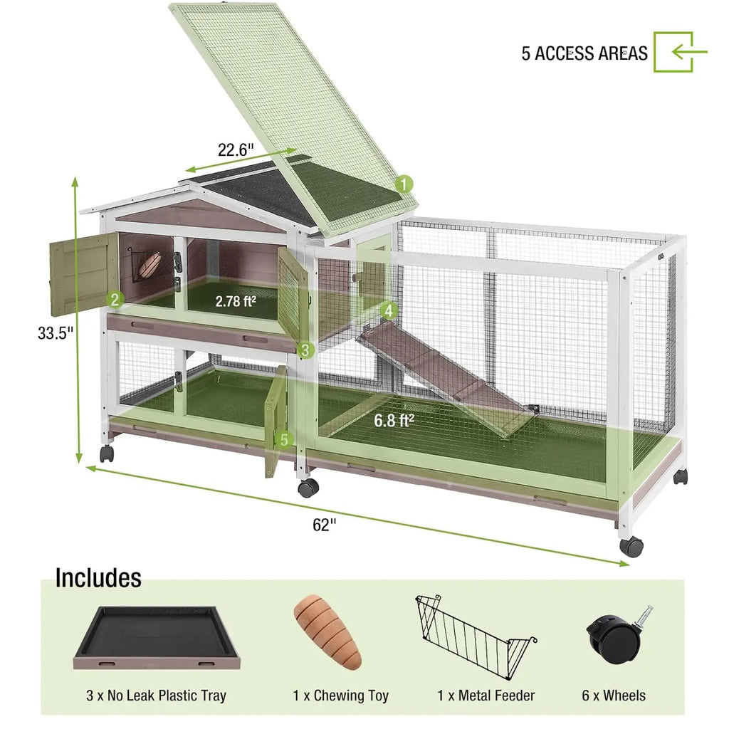 Rabbit Hutch Chew-Resistant Ramp Indoor Outdoor Cage with Wheels and Leakproof Tray, Customized