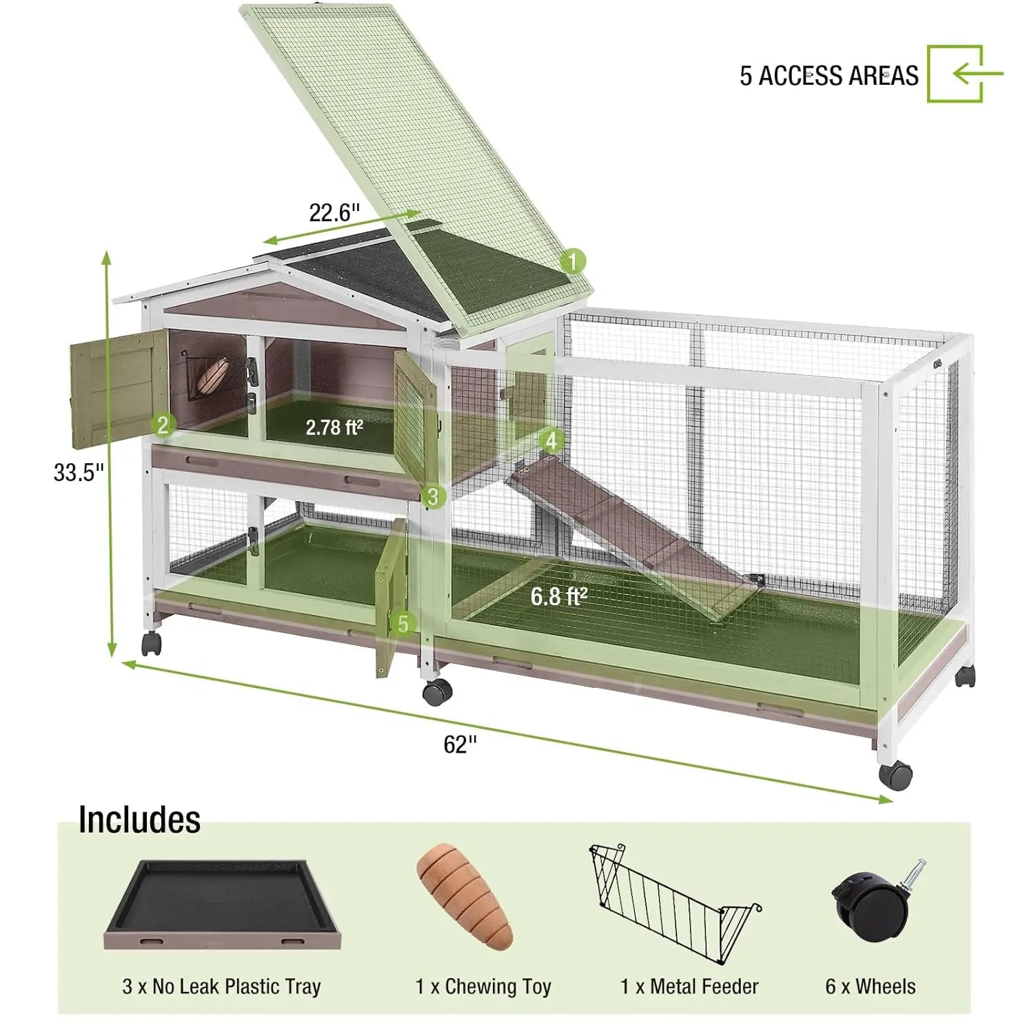 Rabbit Hutch Chew-Resistant Ramp Indoor Outdoor Cage with Wheels and Leakproof Tray, Customized