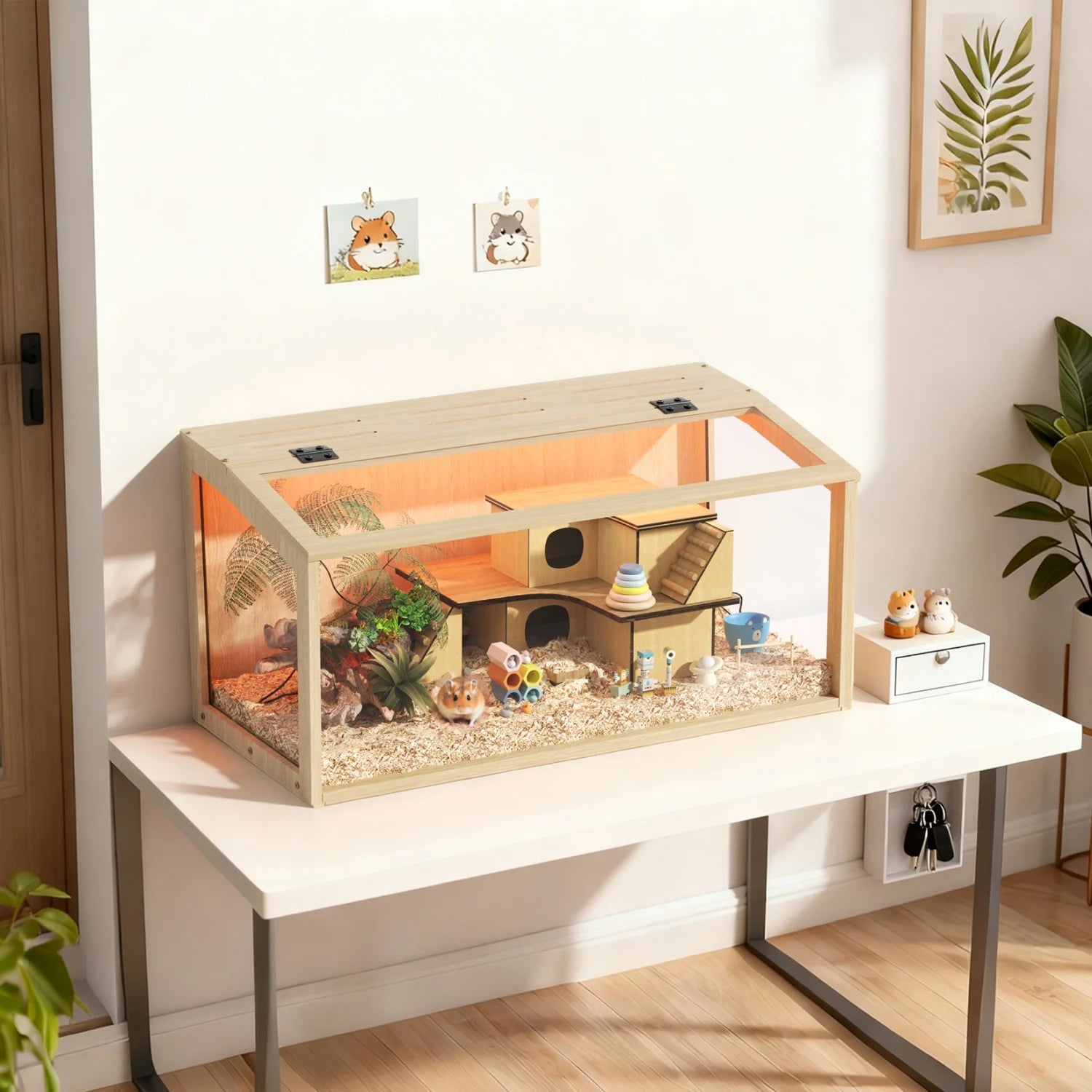 60/80CM Hamster Cage Chewproof Wooden Guinea Pig Cages Habitat House Tempered Glass Panels Built-in LED Light