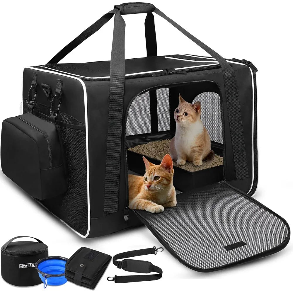 Petskd Extra Large Cat Carrier with Litter Box 24x17x17 for Medium Large Cat or 2 Small Cats, Collapsible Soft Sided