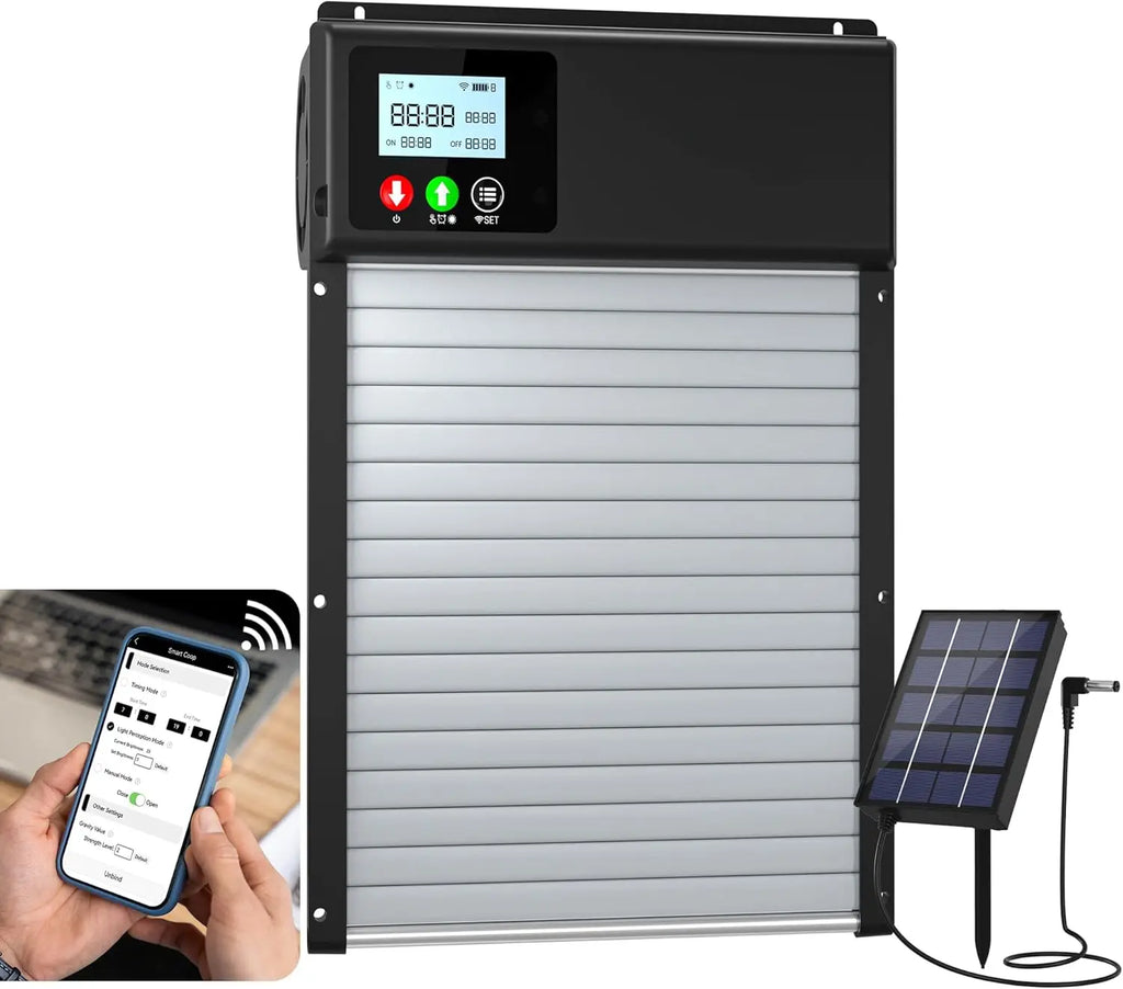 WiFi remote control automatic chicken coop door opener solar powered with 8000mAh battery, timing and light sensor settings