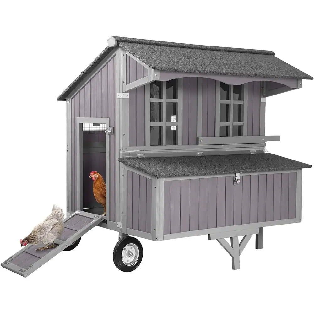 Outdoor Mobile Hen House with Large Wheels - Durable Wooden Cage for 3 Nesting Boxes or 2-6 Chickens,