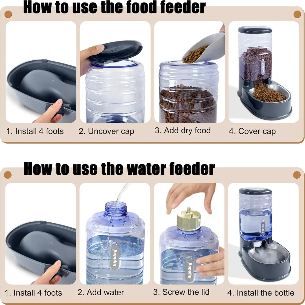 Automatic Pet Feeder and Water Dispenser Set with Stainless Steel Bowls, 3.8L Capacity