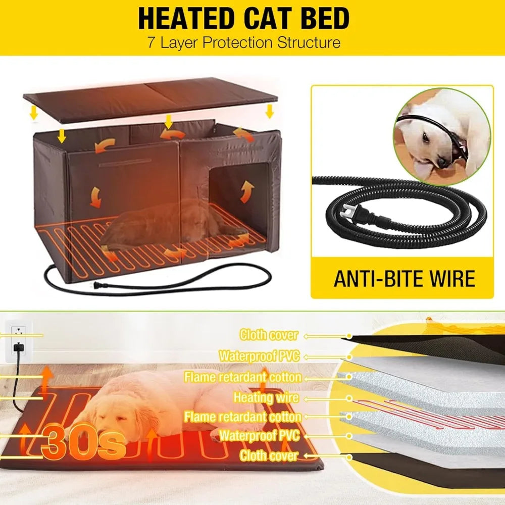 59" Extra Large Heated Dog House Outdoor Insulated Kennel with Heating System & Iron Frame