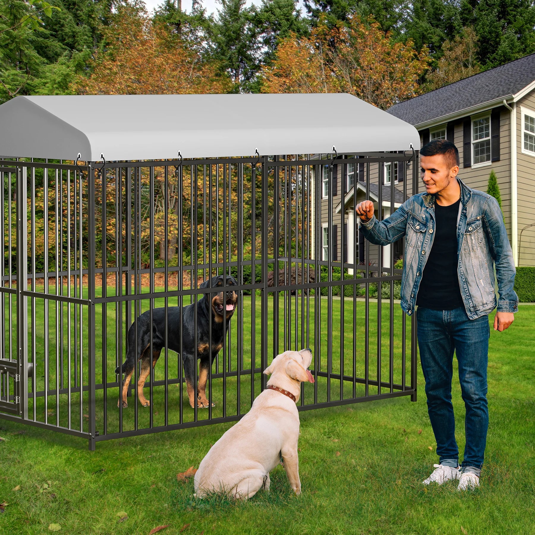 Heavy Duty Outdoor Dog Kennel with Roof Large 8x4x6FT Galvanized Metal with Secure Lock UV Water-Resistant Black Cover