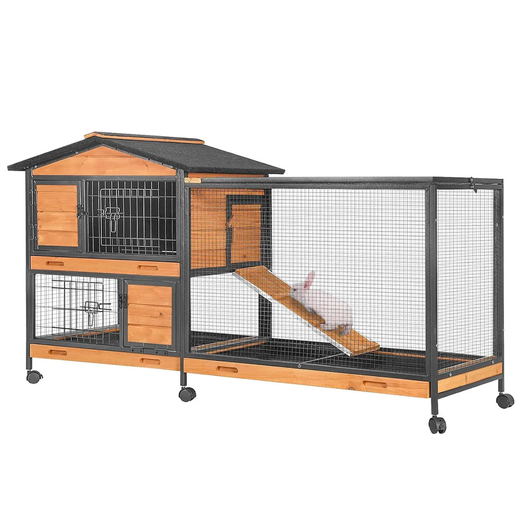 Rabbit Hutch Chew-Resistant Ramp Indoor Outdoor Cage with Wheels and Leakproof Tray, Customized