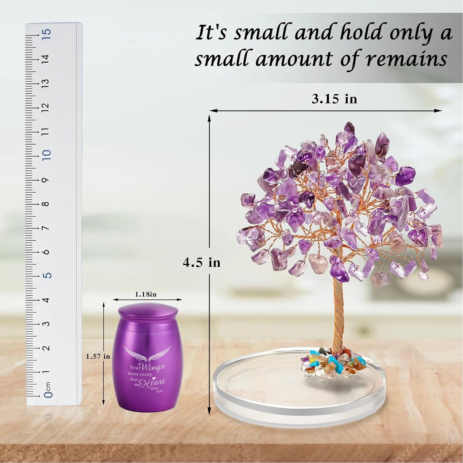 Small Urns for Ashes Keepsake Set of 2, Angel Wings Mini Urn Amethyst Crystal Tree