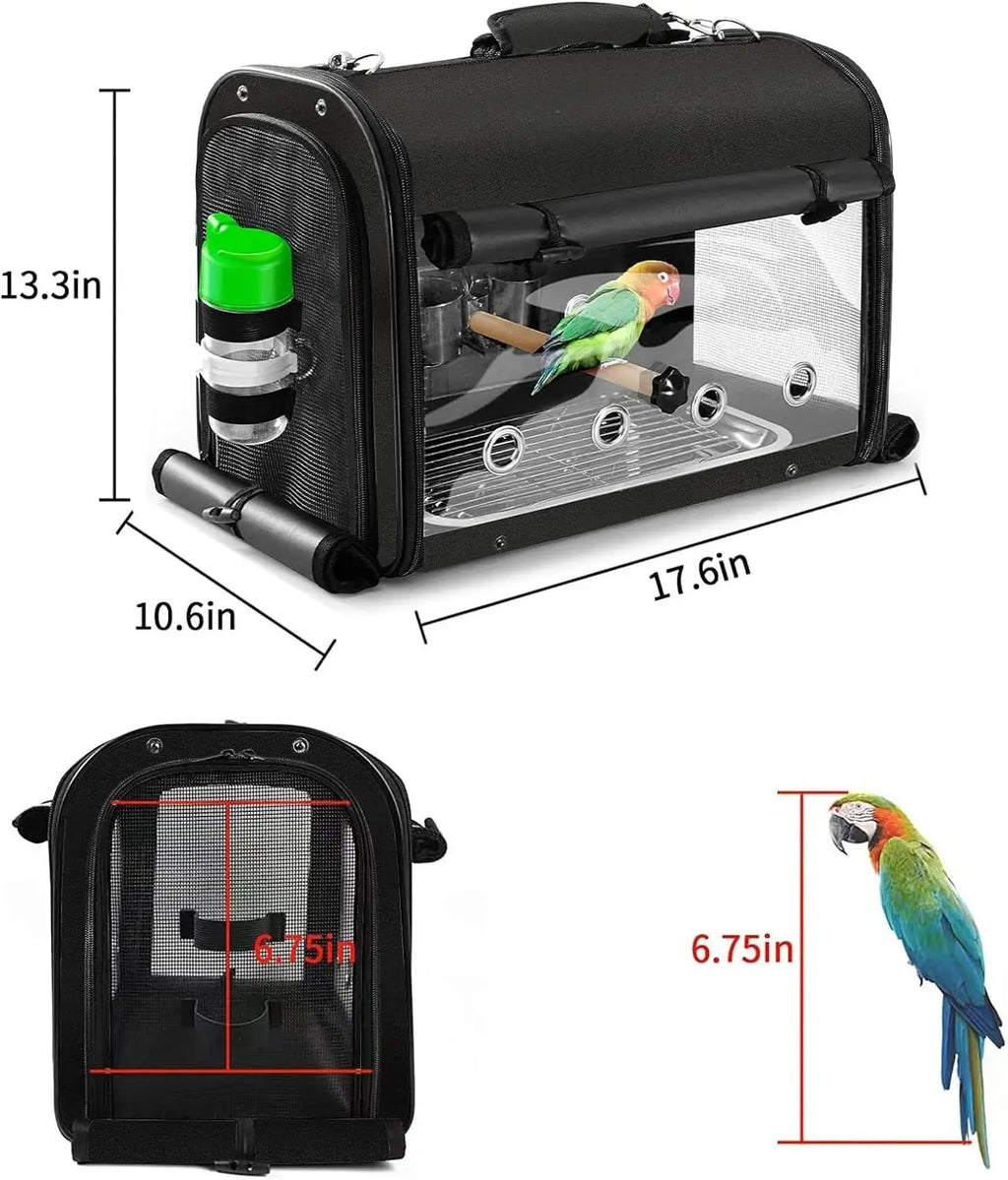 Lightweight Bird Travel Cage Backpack with Stand, Portable Transparent Breathable Carrier for Parrots and Pets, Black