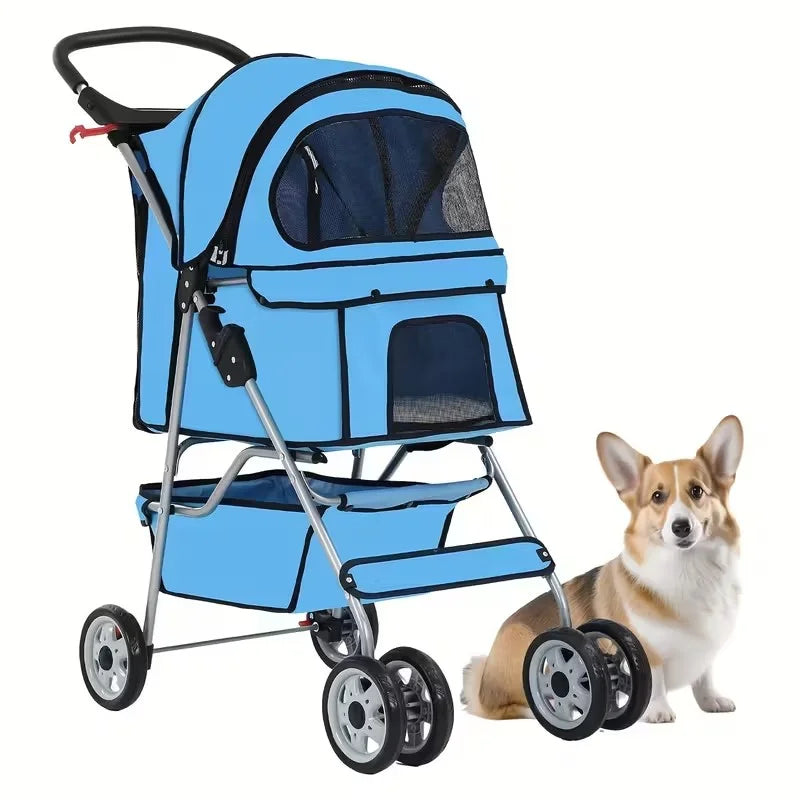 4 Wheel Stroller, Folding Carrier Waterproof Puppy Removable Liner for Small Medium Dogs Cats