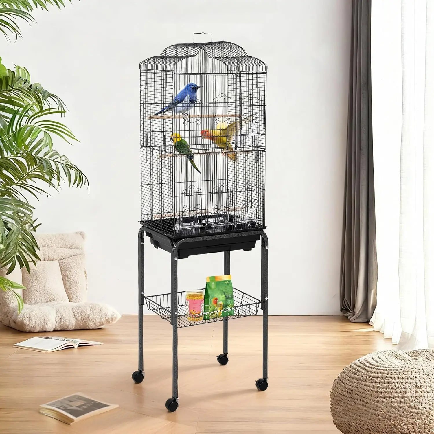 All-in-One Multi-Level Parrot Habitat – 60" Cage on Mobile Stand with Storage, Easy-Clean Tray & Multiple Feeder Doors