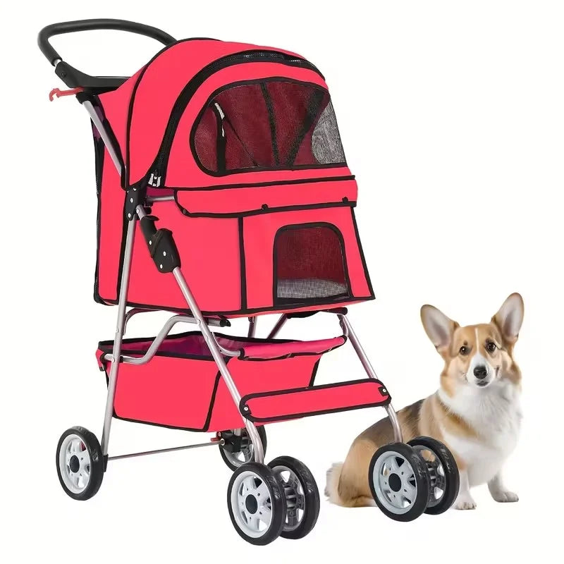 4 Wheel Stroller, Folding Carrier Waterproof Puppy Removable Liner for Small Medium Dogs Cats