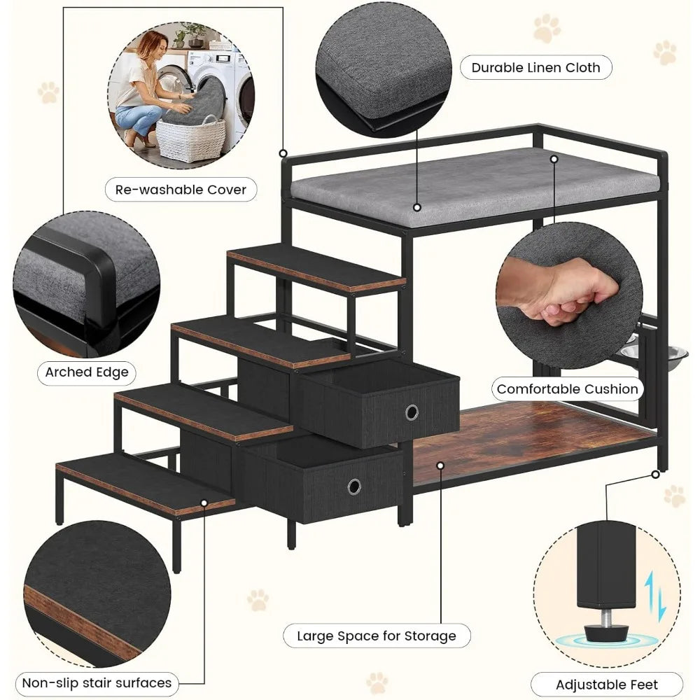 360° rotating & adjustable pet feeder perch, staircase bunk bed with storage drawers, elevated dog bed platform