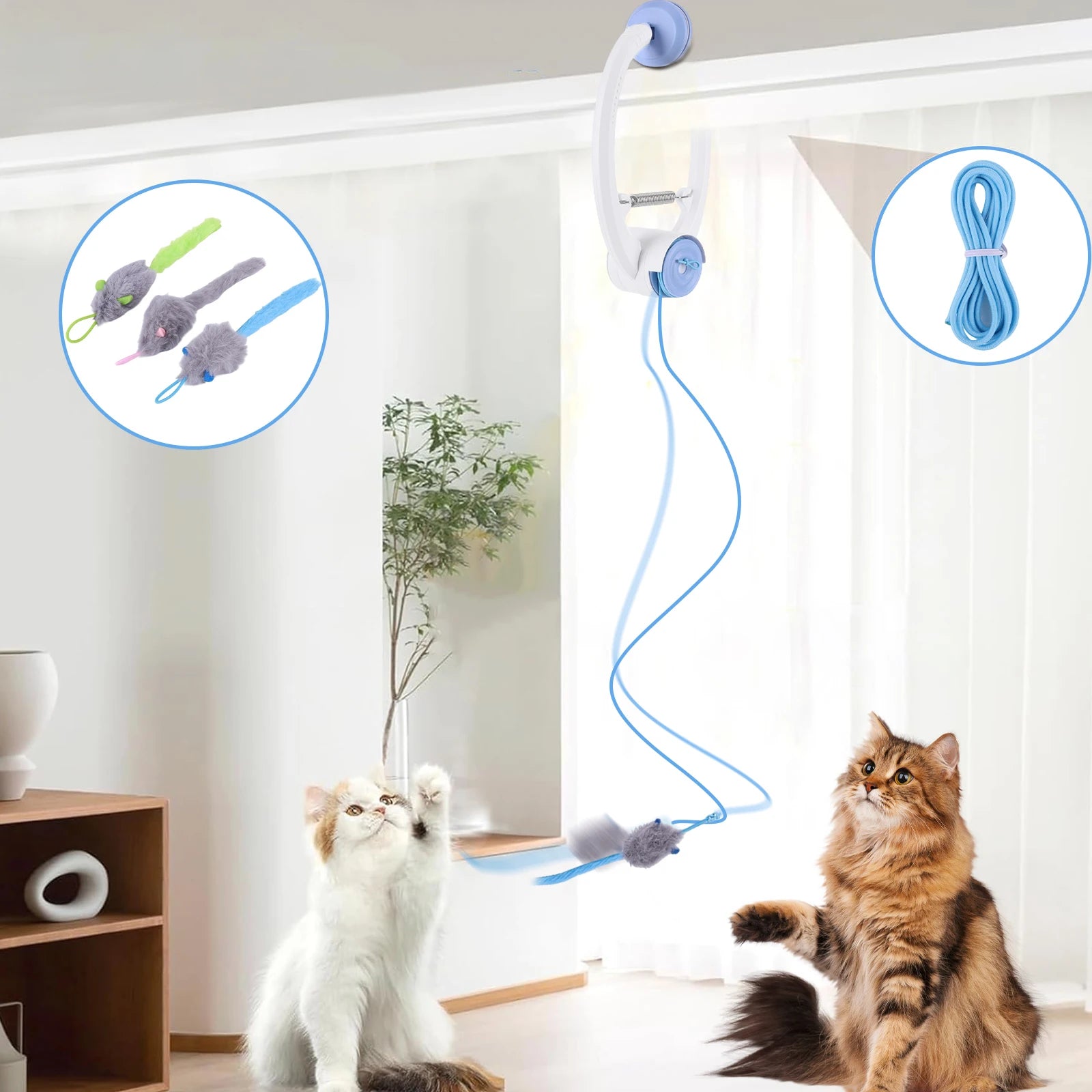 Door Hanging Automatic Retractable Kitten Toys with 3 Catnip Mice Self Play Hanging Door Cat Mouse