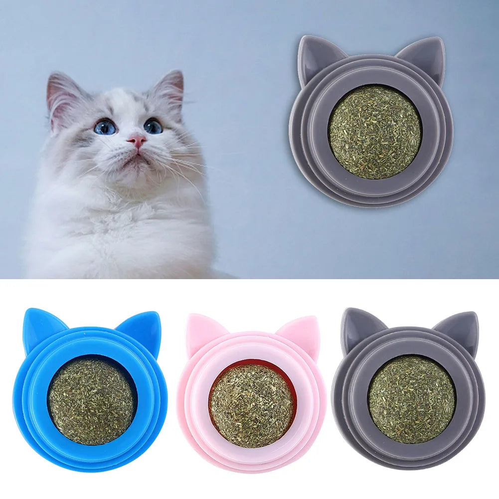 Rotatable Cat Cleaning Toy Self-Adhesive Catnip Wall Balls for Cats Teeth Cleaning