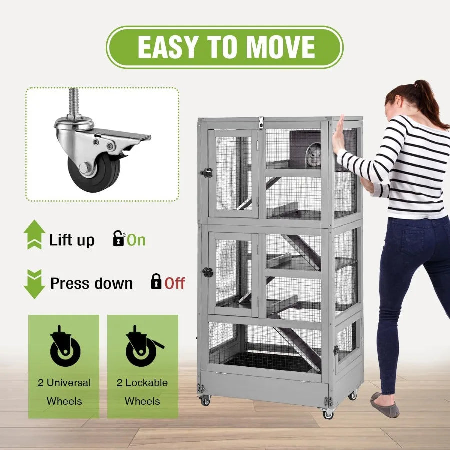 Large Ferret Cage with 5 Levels Wooden Chinchilla Cage with Wheels Multi-Level with Ramp Hideout Pull-Out Tr