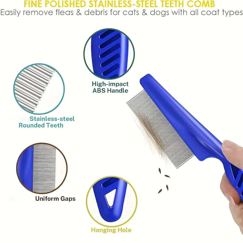 Pack of 4 Flea and Lice Combs, Stainless Steel Grooming Comb with Round Teeth, Double-sided Professional Pet Tear